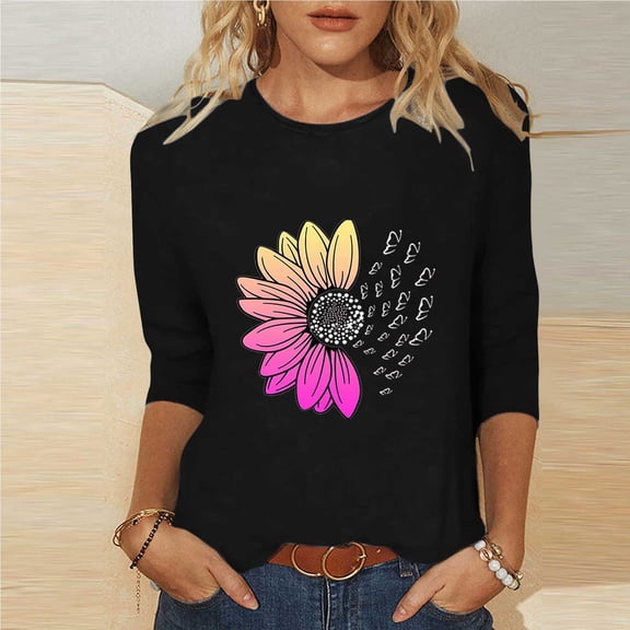 Ailaofu Women's Summer Sunflower T Shirt Cute Flower Graphic Loose Tees Crew Neck 3/4 Sleeve Casual Tops