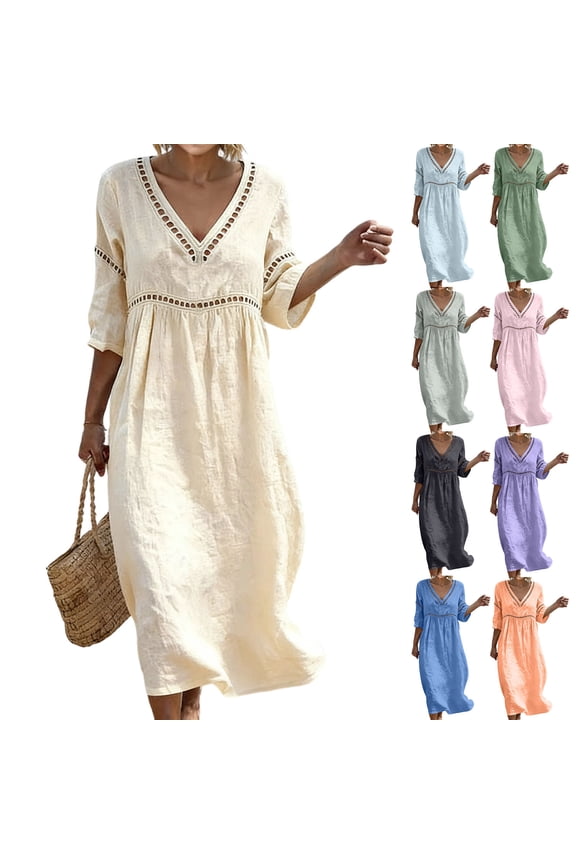 Women's V Neck Three Quarter Sleeve Everyday Solid Color Dress Loose Comfortable Casual Summer Beach Maxi Dress