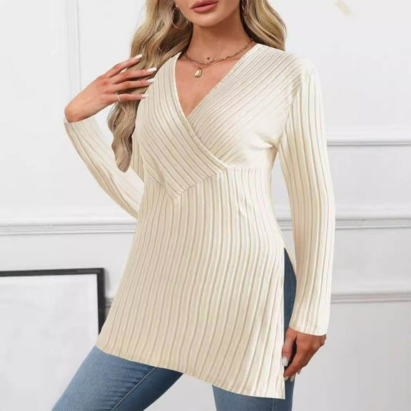 Ailaofu Women's V-Neck Tight Slit Spring and Knitted Shirt Solid Long Sleeved Clothes Top Sweater
