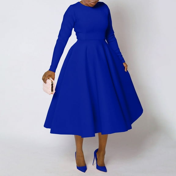 Ailaofu Women's Vintage Cocktail Dresses 1950s Round Neck Long Sleeve A Line Formal Church Swing Maxi Dress