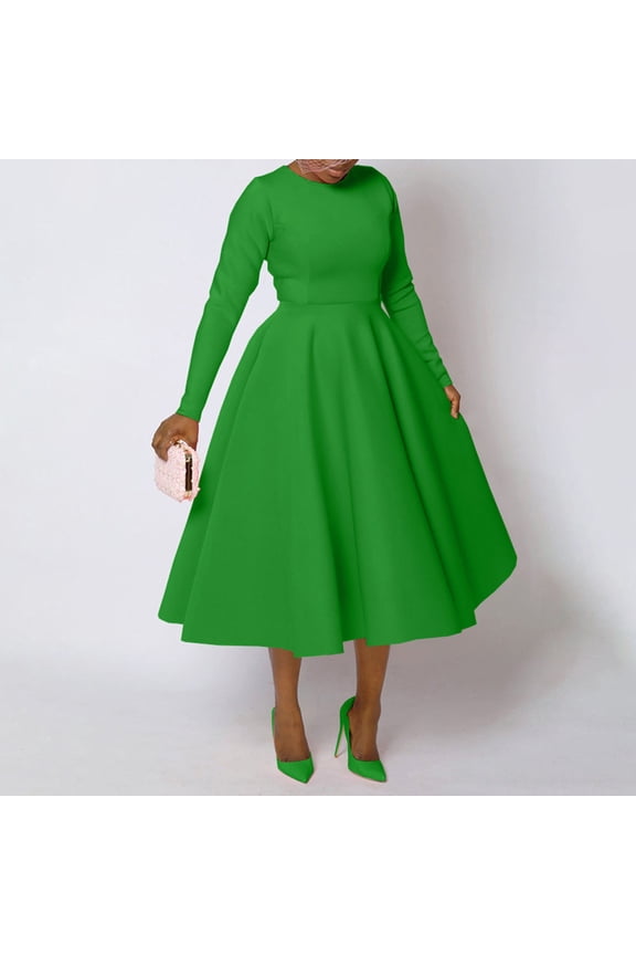 Women's Vintage Cocktail Dresses 1950s Round Neck Long Sleeve A Line Formal Church Swing Maxi Dress
