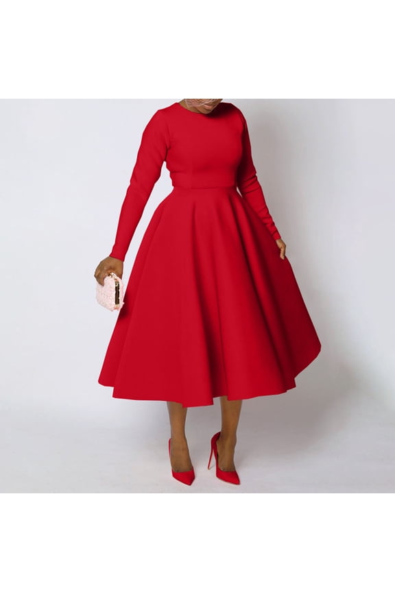 Women's Vintage Cocktail Dresses 1950s Round Neck Long Sleeve A Line Formal Church Swing Maxi Dress