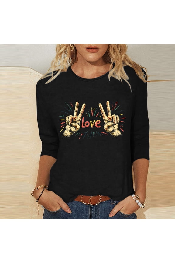 Womens 3/4 Sleeve Crew Neck T-Shirts Valentine's Day Spring Shirts Love Heart Printed Graphic Tees