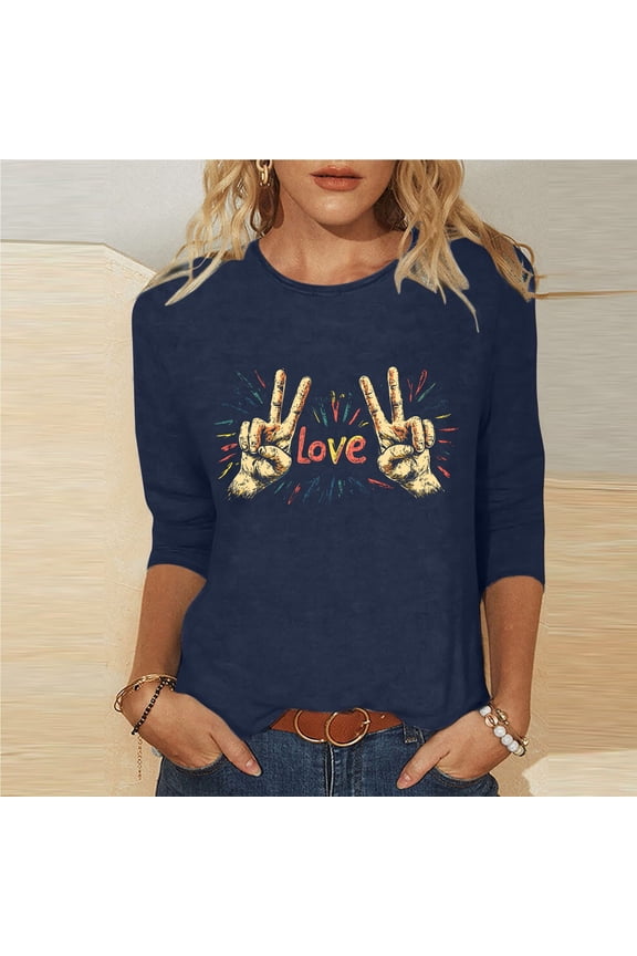 Womens 3/4 Sleeve Crew Neck T-Shirts Valentine's Day Spring Shirts Love Heart Printed Graphic Tees
