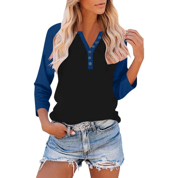 Ailaofu Womens 3/4 Sleeve Tops and Blouses Color Block Button V Neck T Shirts Loose Fit Three Quarter Sleeve Tops Woman
