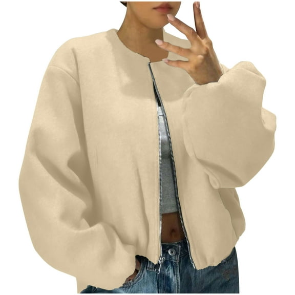 Ailaofu Womens Bomber Jackets Fall Winter Cropped Zip Up Coat Hoodless Outwear with Welt Pockets Trendy Outerwear