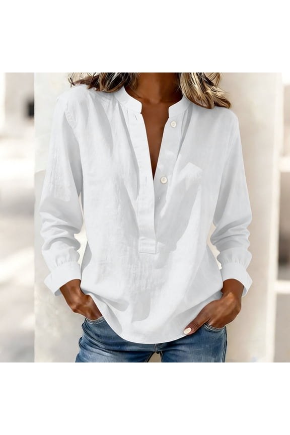 Womens Button Down Shirts Cotton Linen Dress Shirts Oxford Shirts Long Sleeve Work Blouses Tops Tunics with Pocket