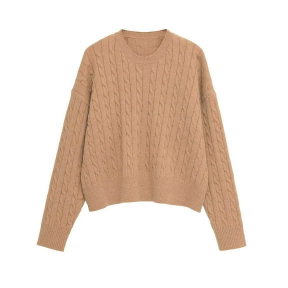 Ailaofu Womens Cable Knit Sweater Chunky Long Sleeve Round Neck Sweater Tops Casual Pullover Polo Shirts 2025 Fall Outfits