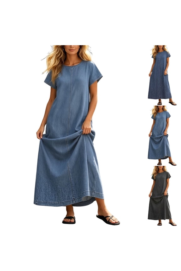 Womens Casual Short Sleeves Maxi Denim Dress Spring Summer Crewneck Vintage Loose Long Vest Jean Dress