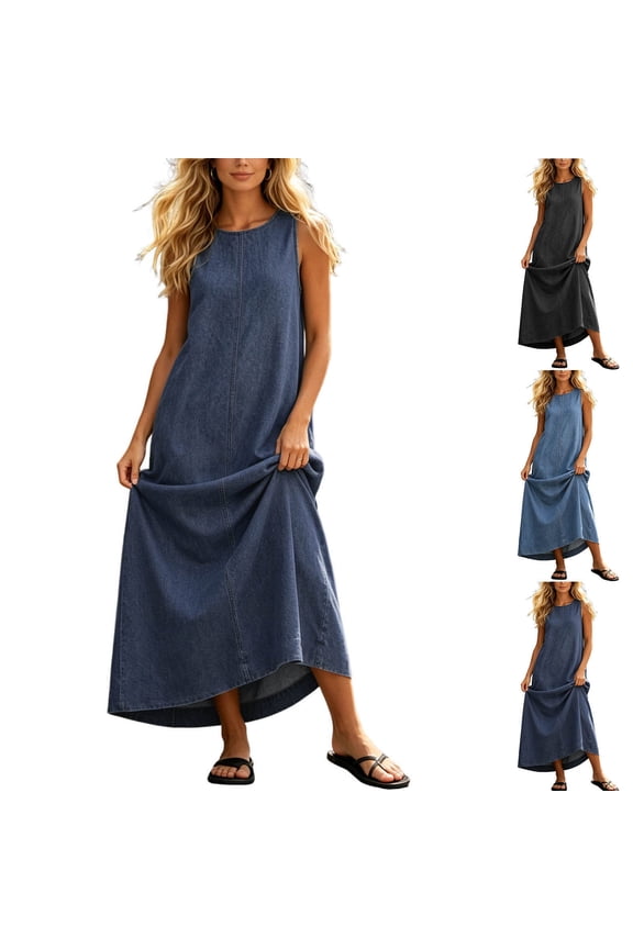 Womens Casual Sleeveless Maxi Denim Dress Spring Summer Crewneck Vintage Loose Long Vest Jean Dress