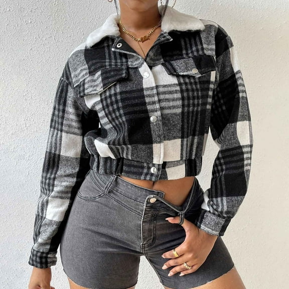 Ailaofu Womens Cropped Flannel Plaid Shacket Zip Up Shirts Jackets with Pockets
