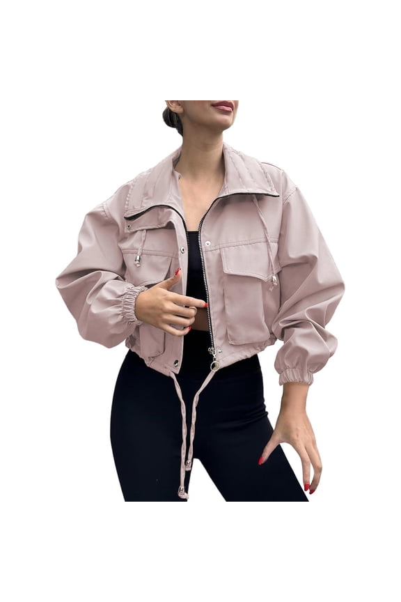 Womens Cropped Jacket Zip Up Lightweight Oversized Utility Anorak Coat with Pockets