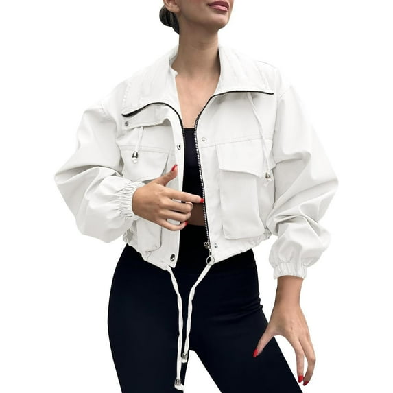 Ailaofu Womens Cropped Jacket Zip Up Lightweight Oversized Utility Anorak Coat with Pockets