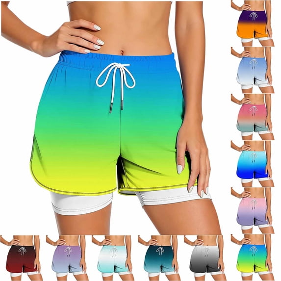 Ailaofu Womens Gradient 2 in 1 Running Shorts Drawstring Elastic Waist Quick Dry Workout Shorts with Liner for Gym Training