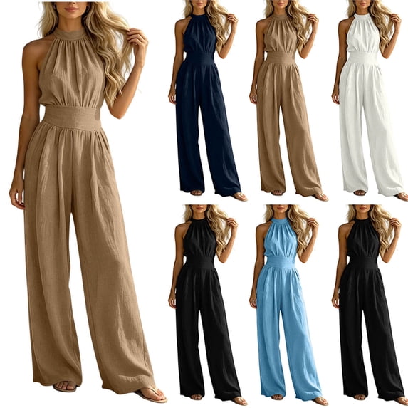 Ailaofu Womens Jumpsuits Sleeveless Mock Neck Rompers Summer Wide Leg Playsuit Suumer One Piece Outfits Casual Business Suit