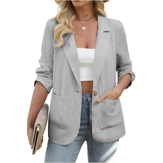 Ailaofu Womens Linen Blazer Casual Long Sleeve Lightweight One Button Jackets Spring Summer Suit