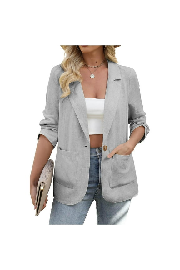 Womens Linen Blazer Casual Long Sleeve Lightweight One Button Jackets Spring Summer Suit