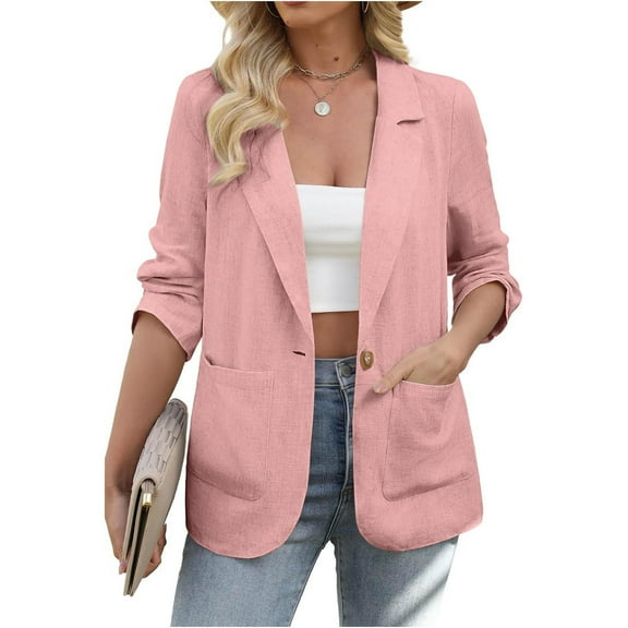 Ailaofu Womens Linen Blazer Casual Long Sleeve Lightweight One Button Jackets Spring Summer Suit