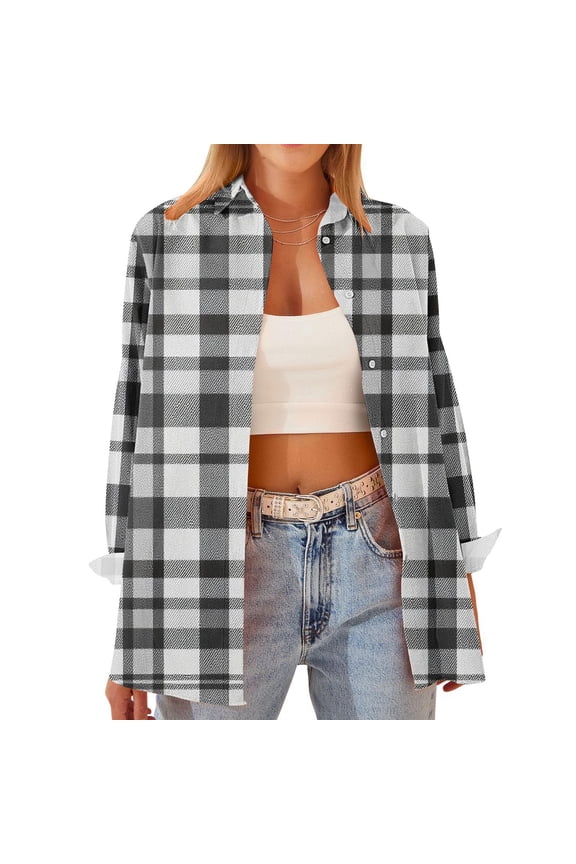 Womens Long Sleeve Flannel Shirt Casual Button Down Plaid Shirts
