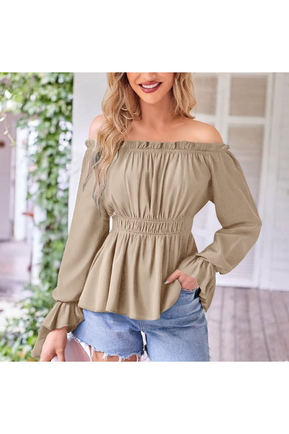Womens Long Sleeve Off The Shoulder Tops Renaissance Pirate Shirt Gothic Peasant Blouse Summer Smocked Boho Top