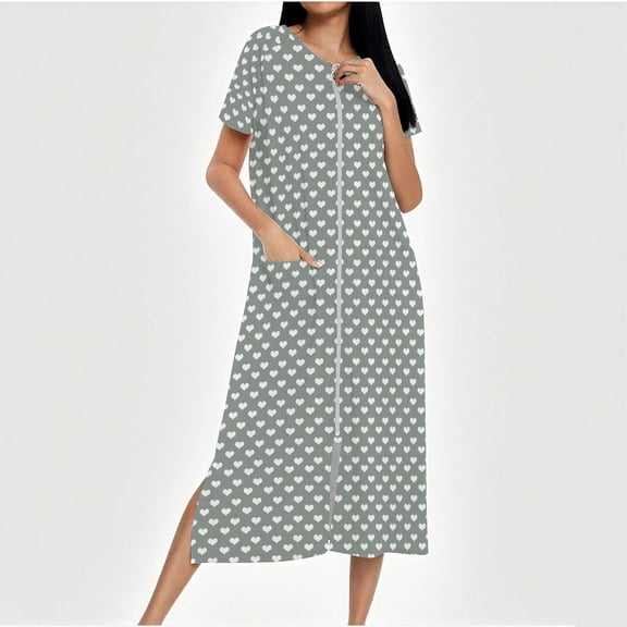 Ailaofu Womens Lounge Pajamas Shirt Dresses Fashion Print Short Sleeves Zipper Crewneck Loose Comfy Nightgown with Pokets