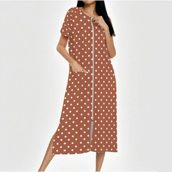 Ailaofu Womens Lounge Pajamas Shirt Dresses Fashion Print Short Sleeves Zipper Crewneck Loose Comfy Nightgown with Pokets