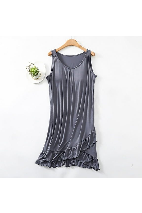 Womens Modal Nightgown Full Slip Midi Loose Dress Built in Padded Bra Spaghetti Strap Mini Cami Tank Sleepwear