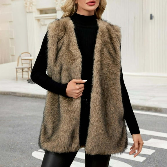 Ailaofu Womens Oversized Faux Fur Vests Sleeveless Open Front Cardigan Fuzzy Jacket Coat Outerwear 2025 Fall Winter