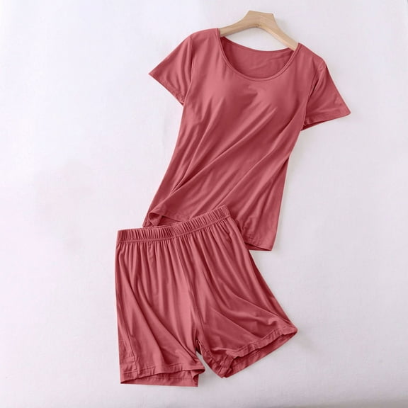 Ailaofu Womens Pajamas Sets Built in Bra Casual Short Sleeve Shirts with Shorts Soft Modal Sleepwear Cotton Lounge Sets