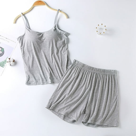 Ailaofu Womens Pajamas Sets Built in Bra Casual Suspenders with Shorts Soft Modal Sleepwear Cotton Lounge Sets