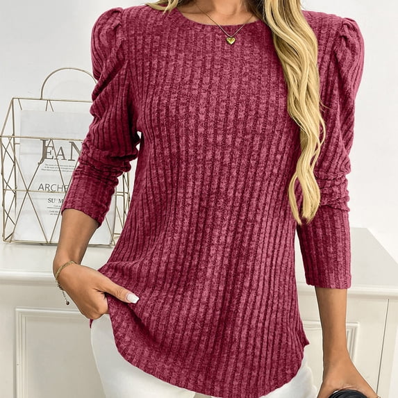 Ailaofu Womens Puff Long Sleeve Sweaters Casual Crew Neck Knitted Shirts Tops Fall Blouses Clothes