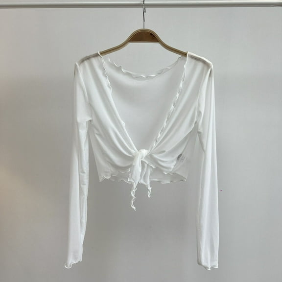 Ailaofu Womens Sheer Shrug Tie Front Long Bell Sleeve Mesh Bolero Lightweight Summer Casual Short Shawl Top