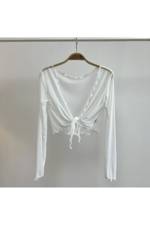 Womens Sheer Shrug Tie Front Long Bell Sleeve Mesh Bolero Lightweight Summer Casual Short Shawl Top