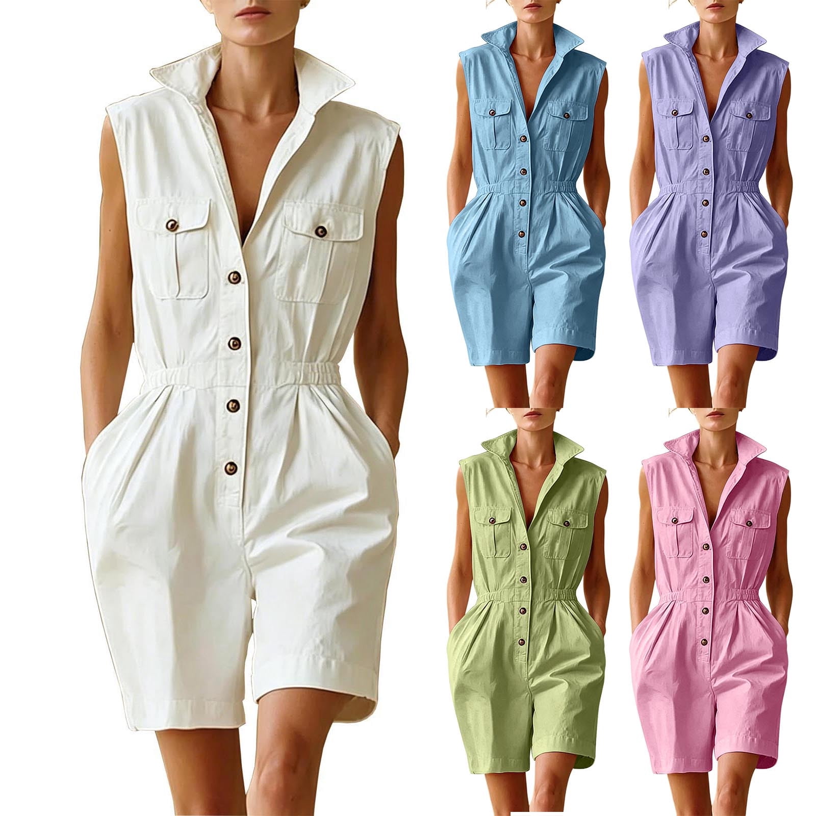 Ailaofu Womens Sleeveless Button Down Romper Shorts Stand Collar ...