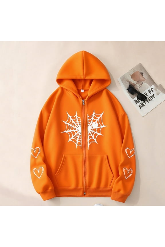 Womens Spider Web Graphic Zip Up Hoodie Oversized Goth Harajuku Jacket Y2k Grunge Aesthetic Streetwear Sweatshirt