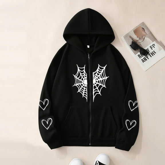 Ailaofu Womens Spider Web Graphic Zip Up Hoodie Oversized Goth Harajuku Jacket Y2k Grunge Aesthetic Streetwear Sweatshirt