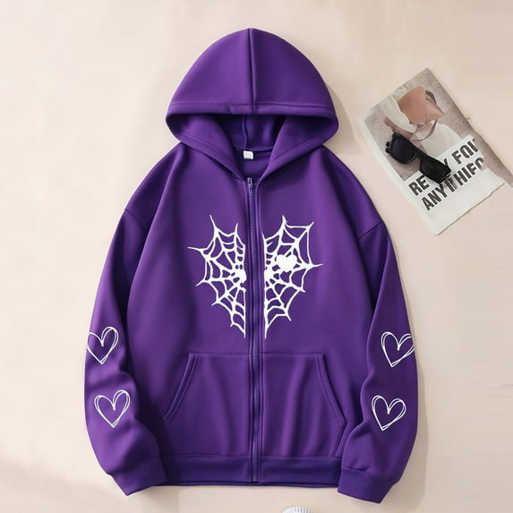 Ailaofu Womens Spider Web Graphic Zip Up Hoodie Oversized Goth Harajuku Jacket Y2k Grunge Aesthetic Streetwear Sweatshirt