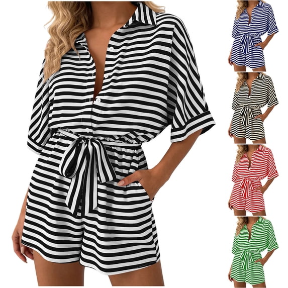 Ailaofu Womens Striped Shirt Romper Shorts Collared Tie Waist Short Sleeve One Piece Jumpsuit Shorts with Pockets