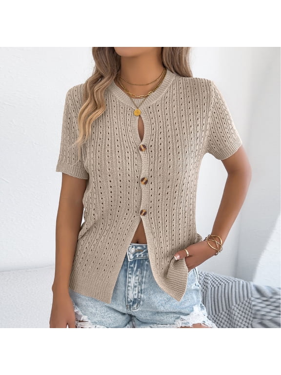 Womens Summer Short Sleeve Cardigans Cable Knit Cropped Button Down Crewneck Lightweight Sweater Tops