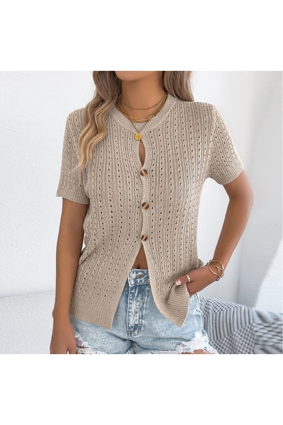 Womens Summer Short Sleeve Cardigans Cable Knit Cropped Button Down Crewneck Lightweight Sweater Tops