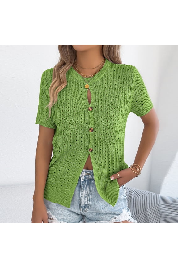 Womens Summer Short Sleeve Cardigans Cable Knit Cropped Button Down Crewneck Lightweight Sweater Tops