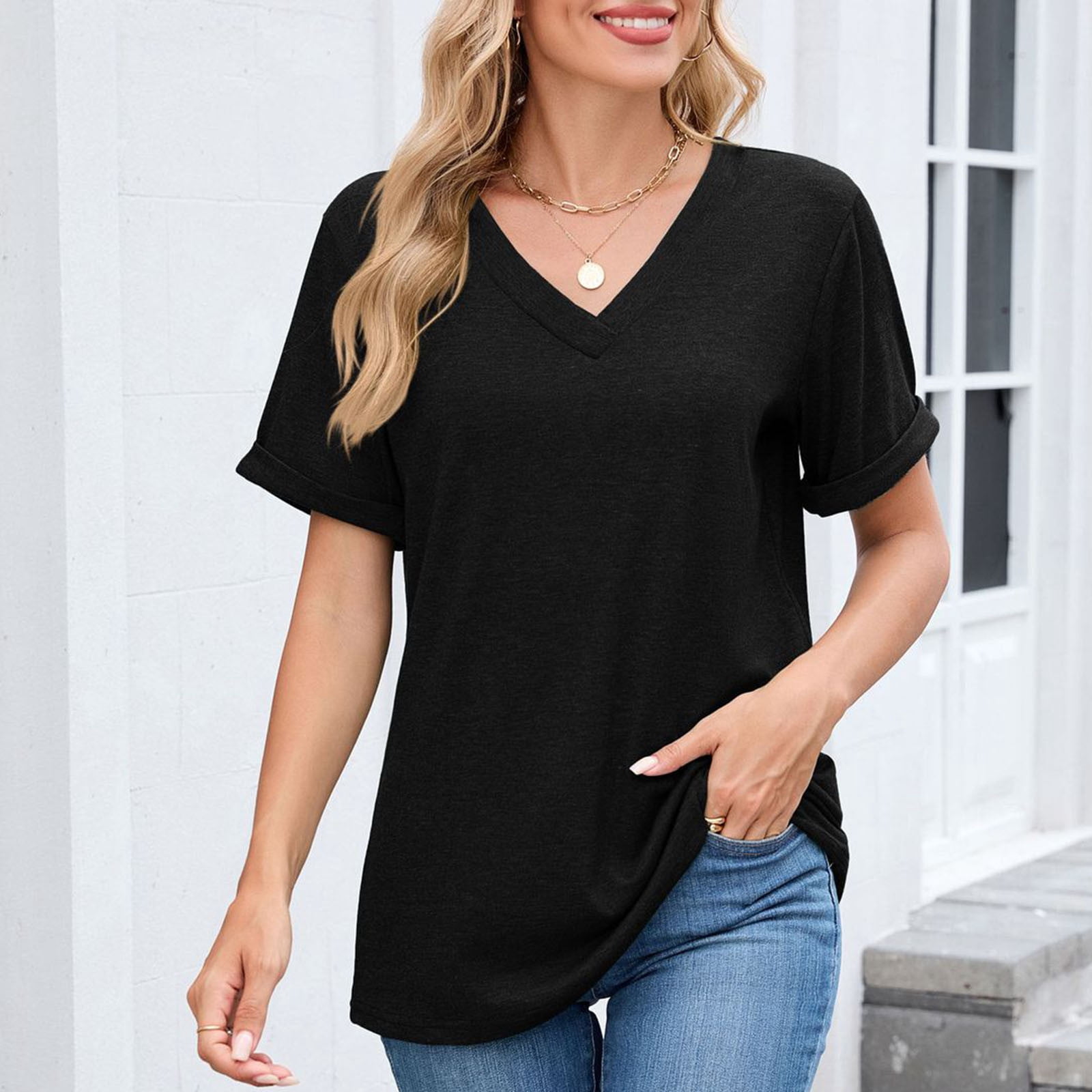 Ailaofu Womens Summer Tops Short Sleeve Basic Casual V Neck T Shirts ...