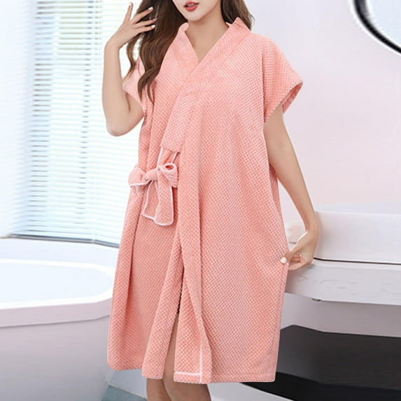 Ailaofu Womens Terry Home Cloth Bathrobe Short Sleeve Tie Waist Spa Hotel Dressing Gown Short Soft Plush Robes