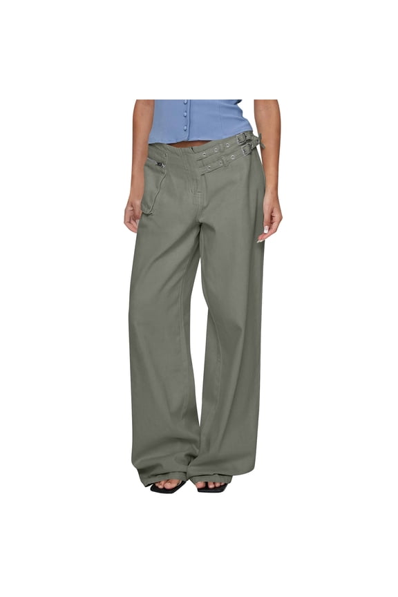 Womens Wide Leg Jeans with Buckle Detail Casual Mid Rise Boyfriend Baggy Denim Pants with Pockets 2025