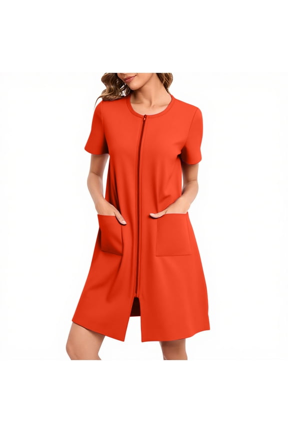Zipper Robes for Women Short Sleeve Bathrobes Lightweight Housecoat Waffle Knit Knee Length Loungewear with Pockets