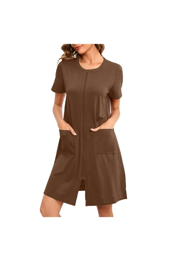 Zipper Robes for Women Short Sleeve Bathrobes Lightweight Housecoat Waffle Knit Knee Length Loungewear with Pockets