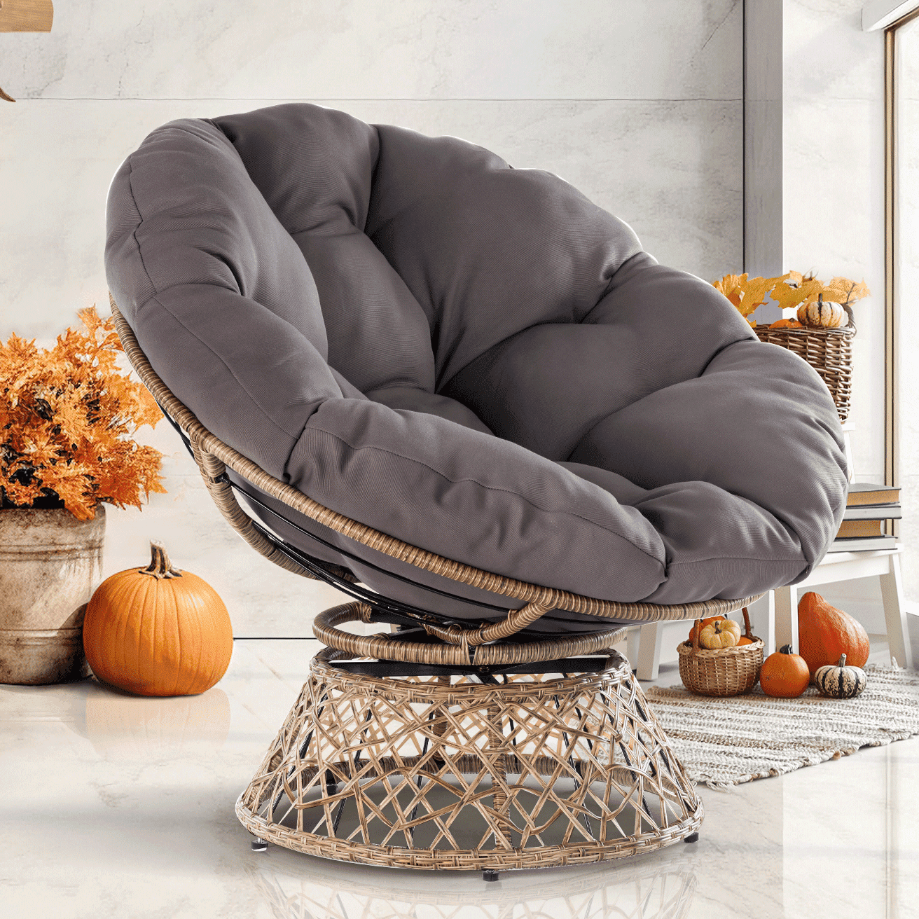 MeetLeisure 46'' Large Size Papasan Chair with Cushion and Frame  Overstuffed Thickened Papasan Lounge Chair with Cushion and Frame, Lazy  Chair, Circle