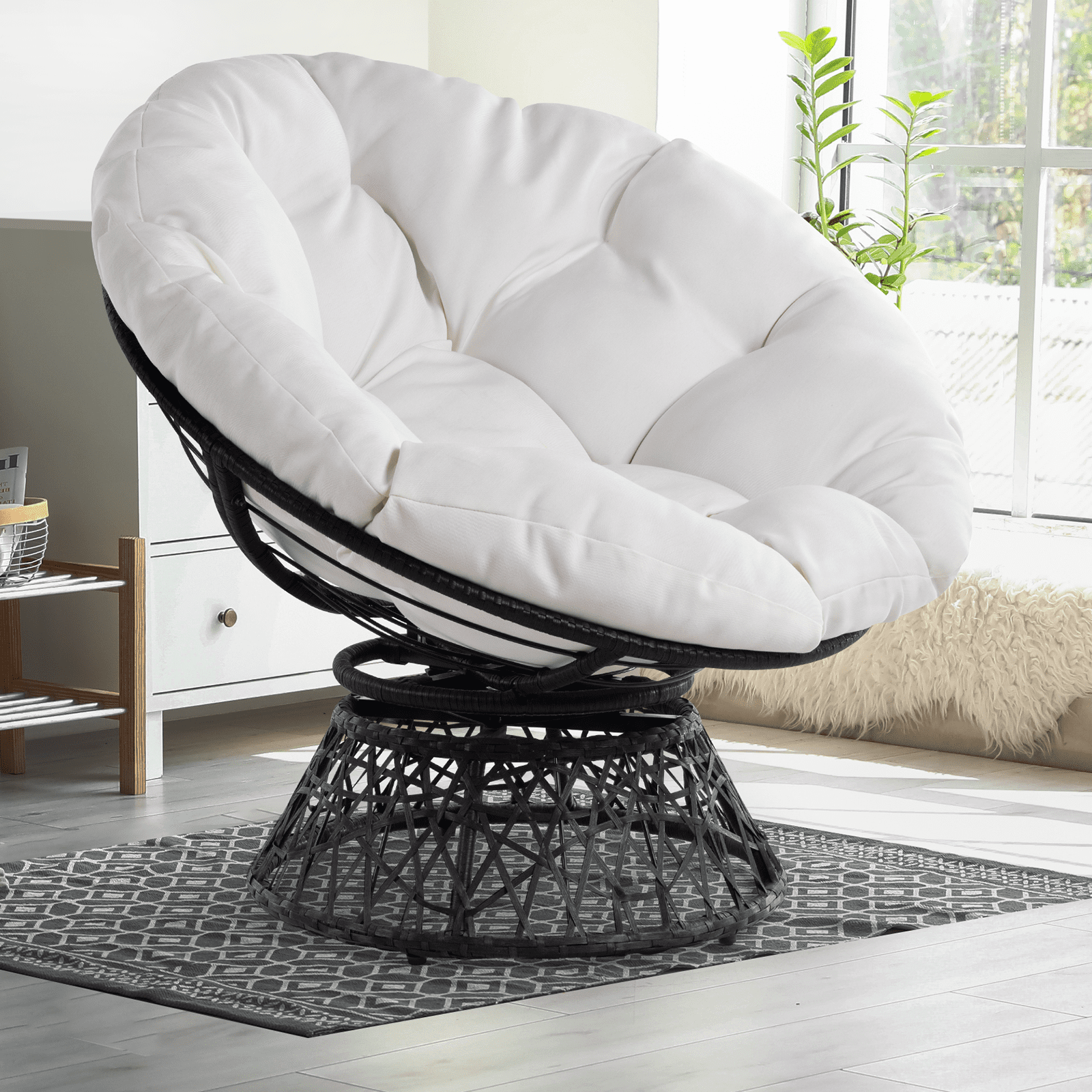 Aile 360 Swivel Comfy Papasan Chair with Fabric Cushion, Sturdy Metal Frame  (Pure Pearl - Black Frame) 