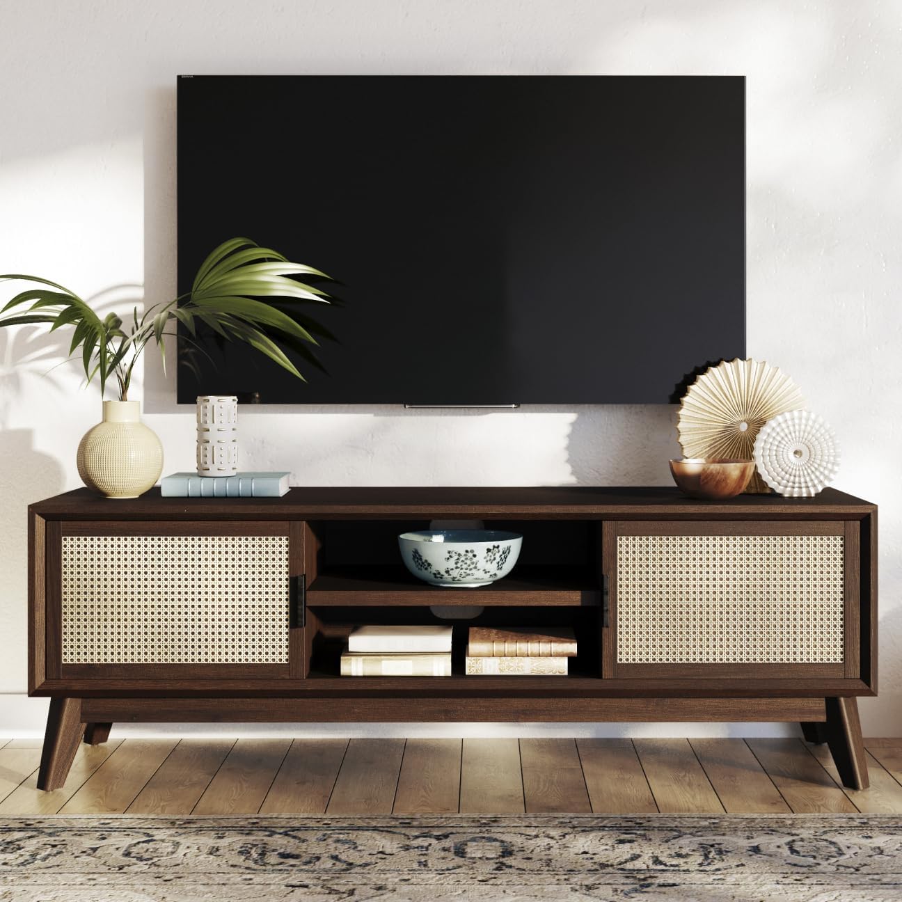Aile Jaszy Aesthetic Premium Solid Wood TV Stand, 2 Rattan Doors
