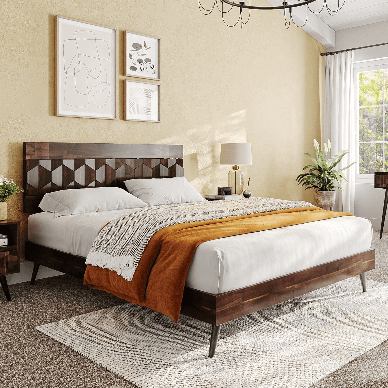 Aile Patronza King Solid Wood Bed Frame, Platform Bed, Rhombus Pattern ...